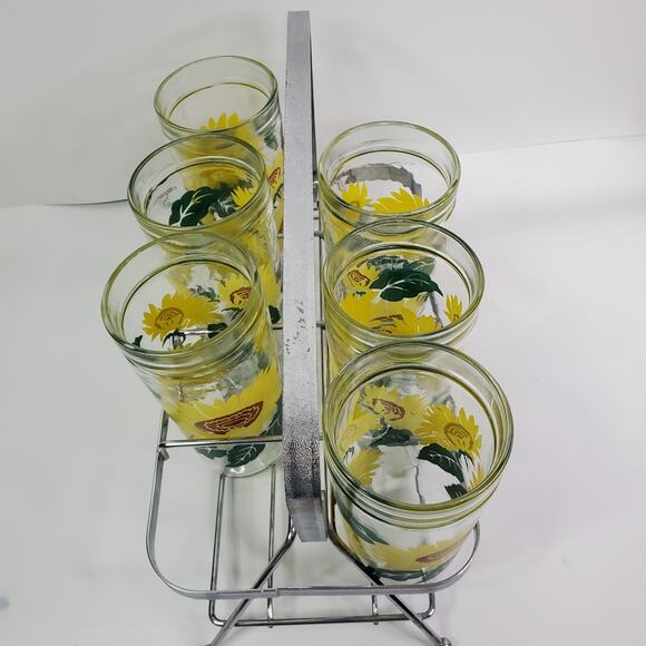 Vintage Anchor Hocking Six Sunflower Tumbler Glasses Jelly Jar Style With Rack - Picture 5 of 8